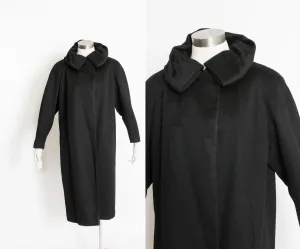 1950s Swing Coat Black Wool Gathered Collar Medium