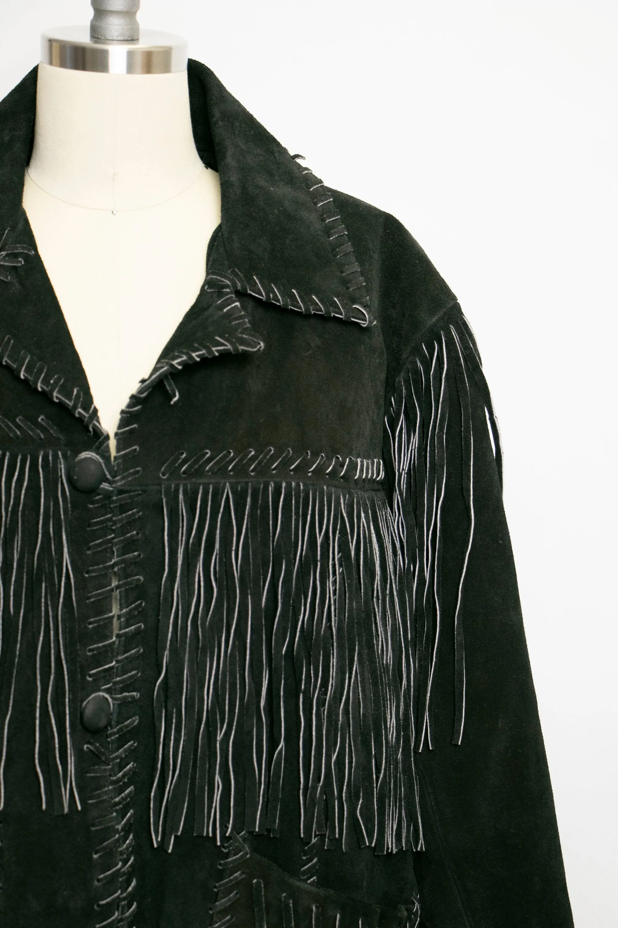 1990s FRINGE Suede Jacket Western Leather Coat Black Small