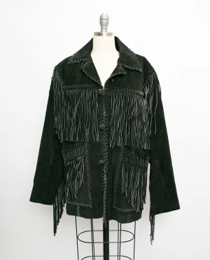 1990s FRINGE Suede Jacket Western Leather Coat Black Small