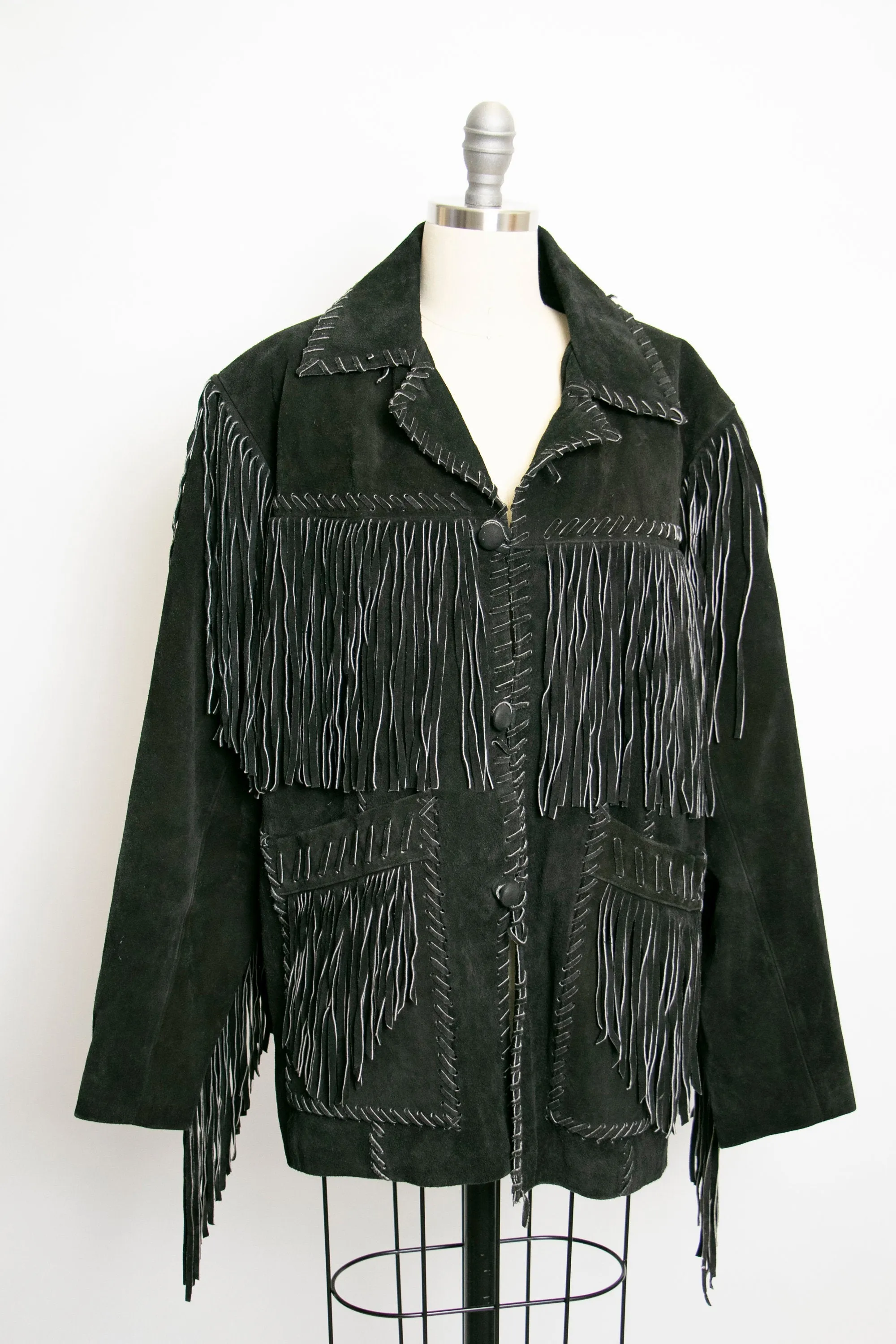 1990s FRINGE Suede Jacket Western Leather Coat Black Small