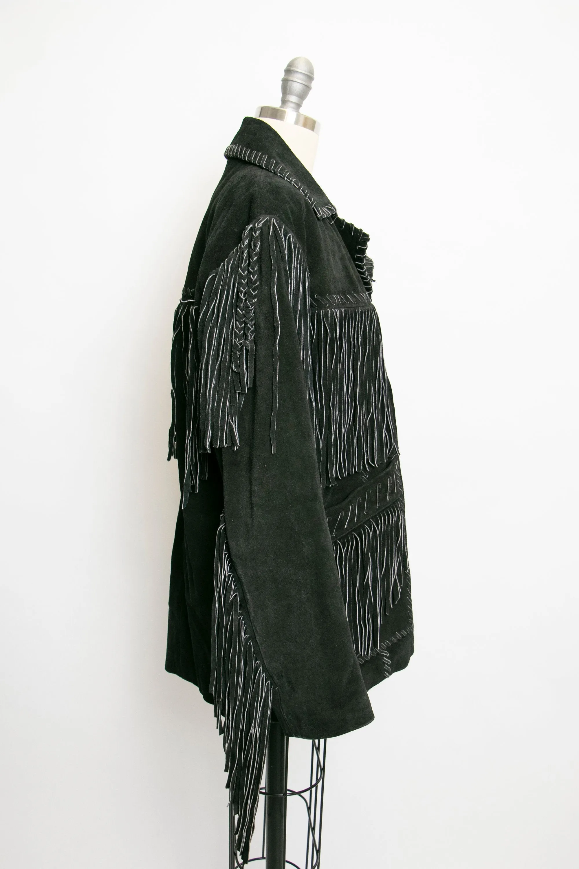 1990s FRINGE Suede Jacket Western Leather Coat Black Small