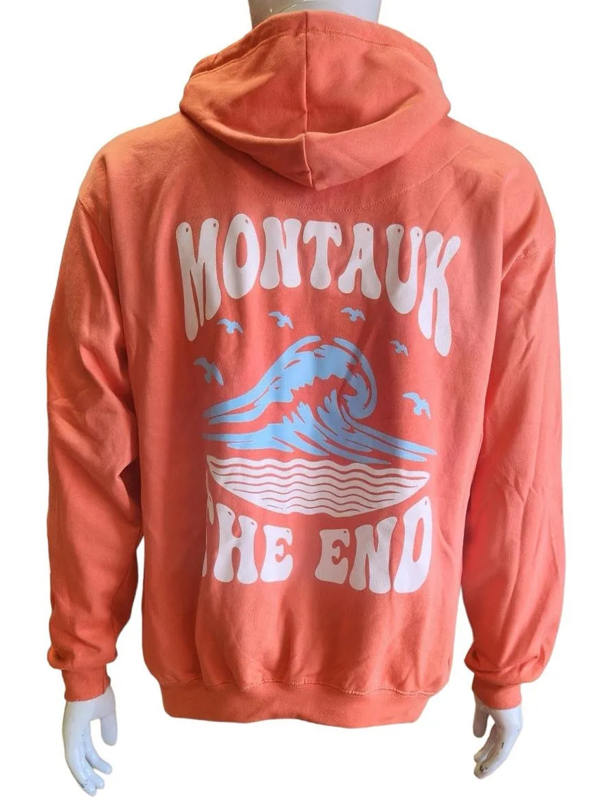 Adult Unisex Screen Printed Montauk The End Big Wave Hooded Pullover