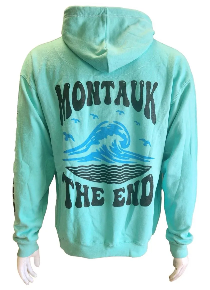 Adult Unisex Screen Printed Montauk The End Big Wave Hooded Pullover