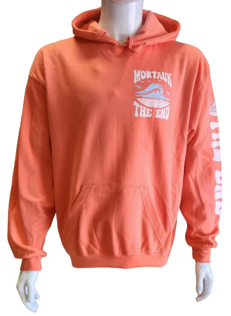 Adult Unisex Screen Printed Montauk The End Big Wave Hooded Pullover