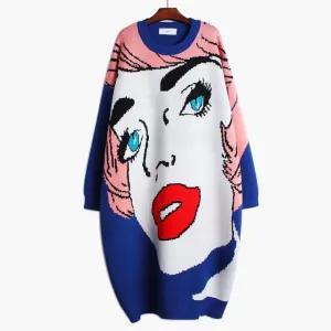 'Angel' Retro Face Print Sweater Dress