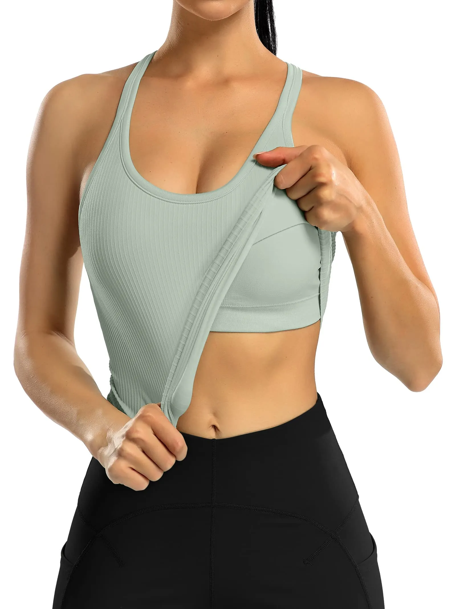 Attraco Women's Longline Sports Bra Ribbed Fit Light Green Large