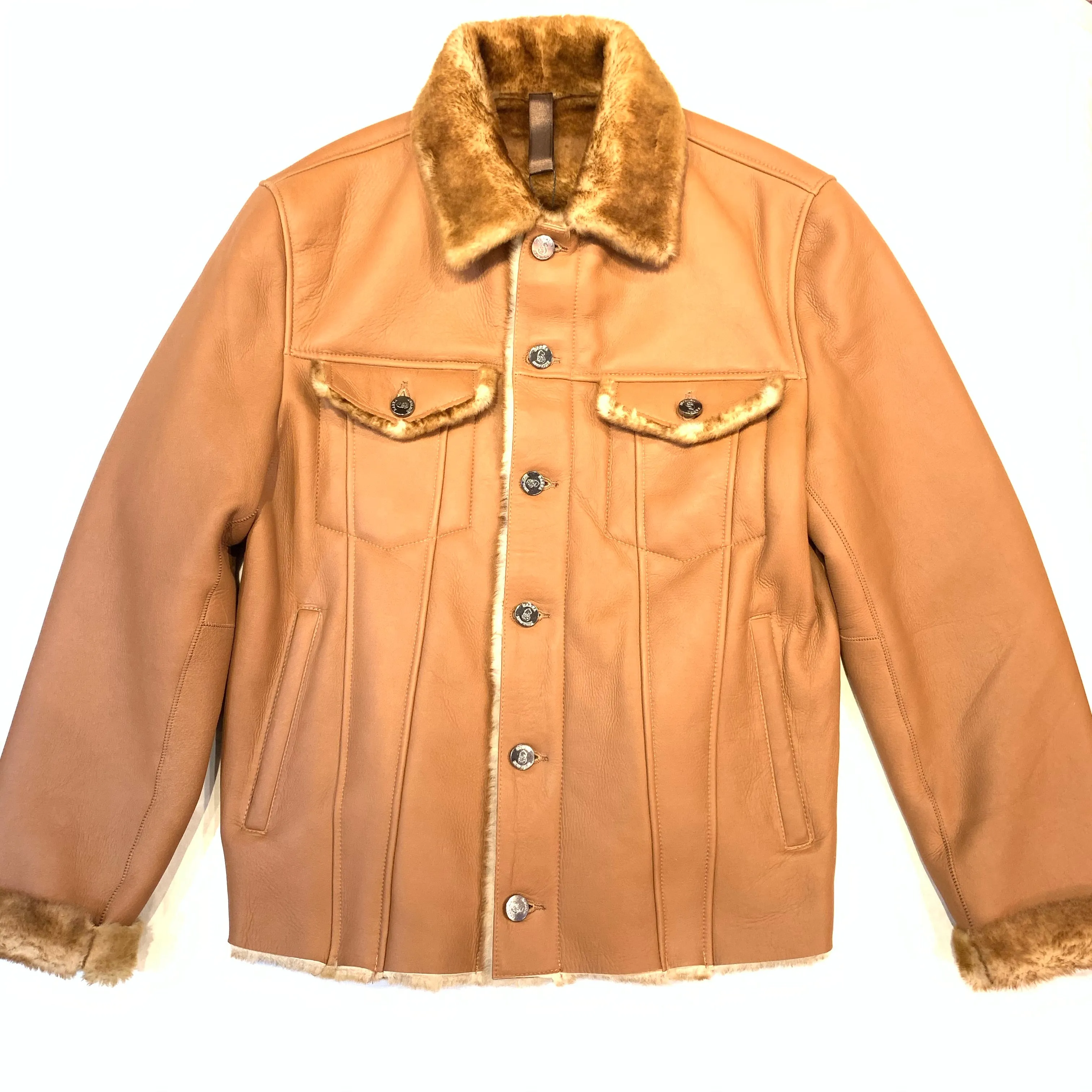 Barya NewYork Cognac Button Up Shearling Jacket