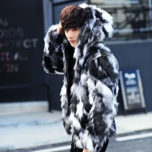 Black and White Fur Luxurious Men Jacket with Hoody