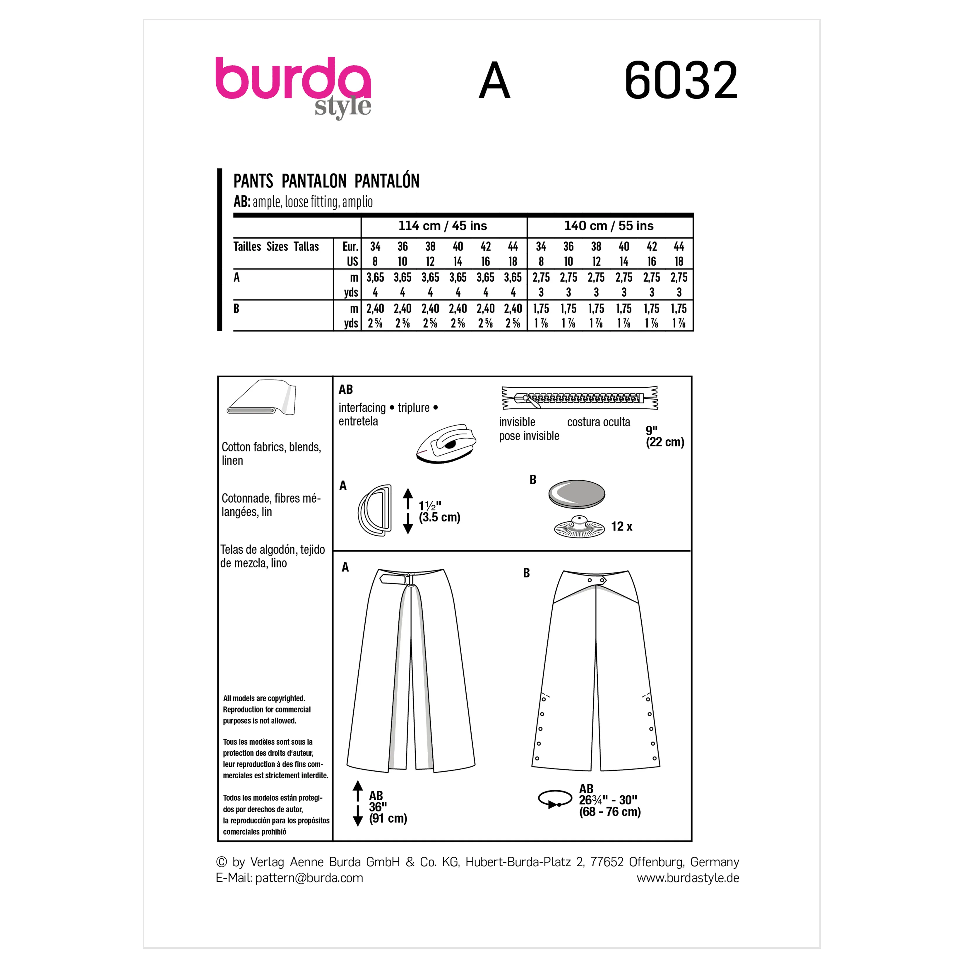 Burda Pattern 6032 Misses' Skirt/Pants