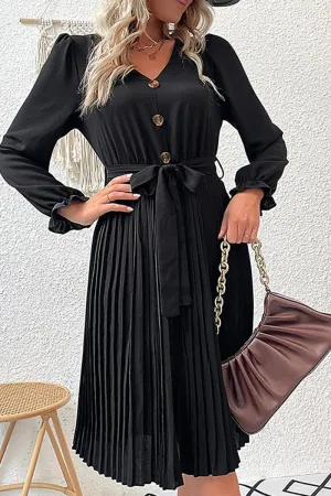 BUTTON DETAILED SLIM WIST PLEATED TRENDY DRESS