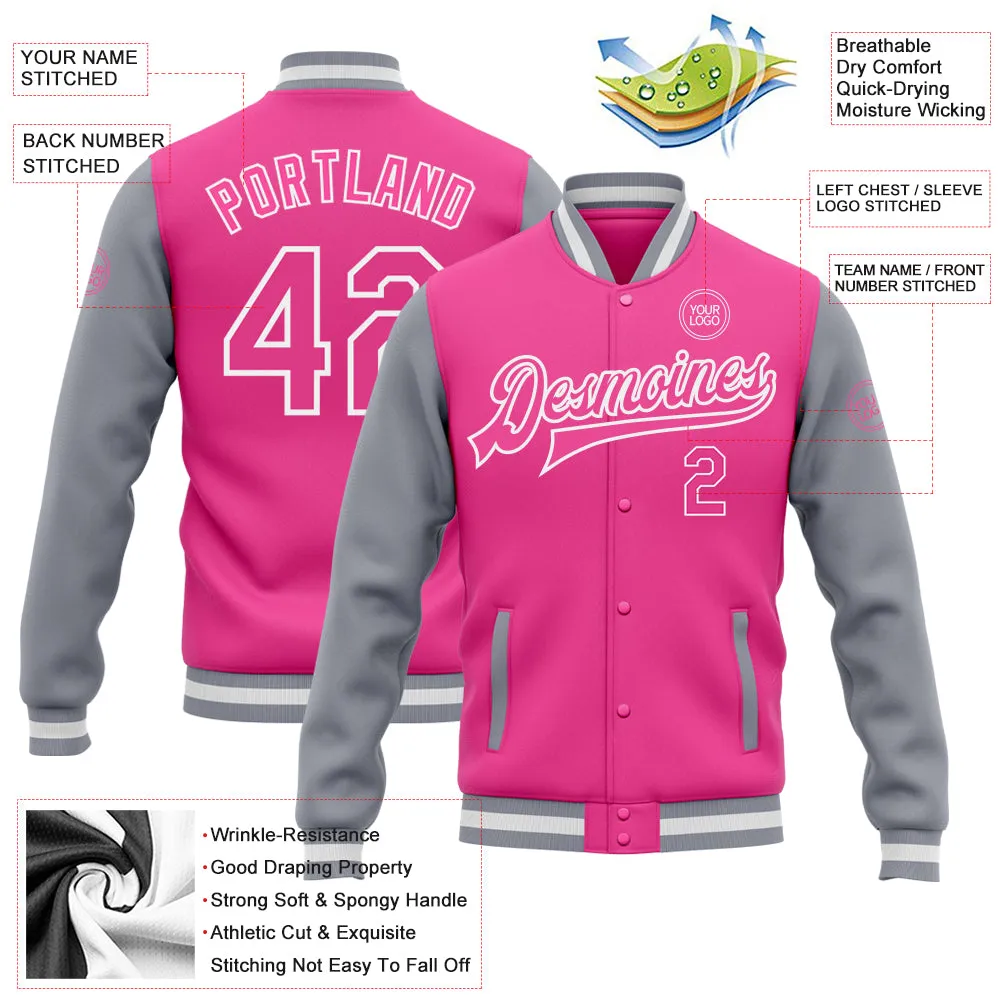 Custom Pink Pink Gray-White Bomber Full-Snap Varsity Letterman Two Tone Jacket