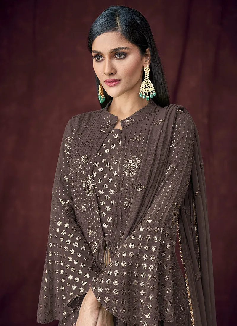 Deep Brown Embroidered Jacket Style Anarkali Lehenga Suit