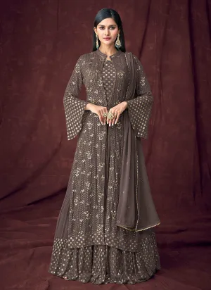 Deep Brown Embroidered Jacket Style Anarkali Lehenga Suit