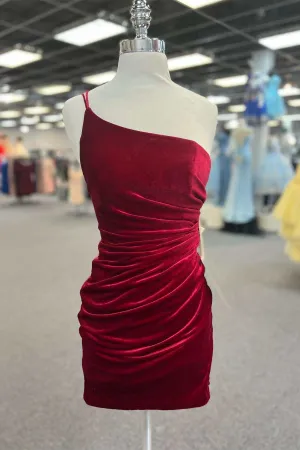 Double Straps Red Velvet Pleated Bodycon Homecoming Dress