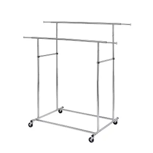 Dual Bar Tubular Metal Frame Garment Rack With Casters, Chrome By Benzara