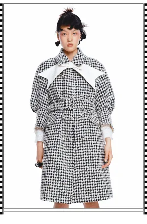 FAME autumn new pu leather big bow tweed houndstooth coat - Cara