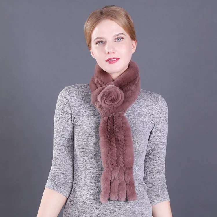 Female Rex Rabbit Hair Knitted Flower Fur Scarf