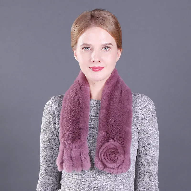 Female Rex Rabbit Hair Knitted Flower Fur Scarf