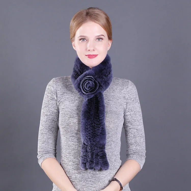 Female Rex Rabbit Hair Knitted Flower Fur Scarf