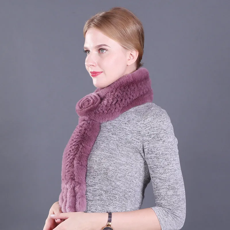 Female Rex Rabbit Hair Knitted Flower Fur Scarf