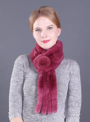 Female Rex Rabbit Hair Knitted Flower Fur Scarf