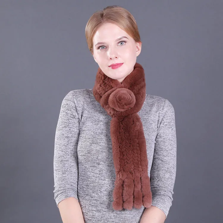 Female Rex Rabbit Hair Knitted Flower Fur Scarf