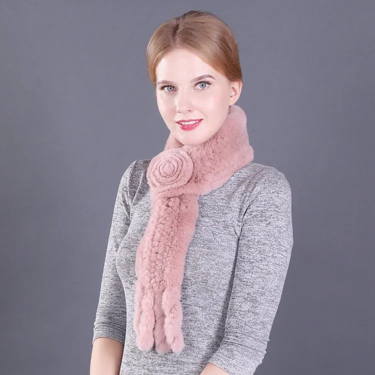 Female Rex Rabbit Hair Knitted Flower Fur Scarf