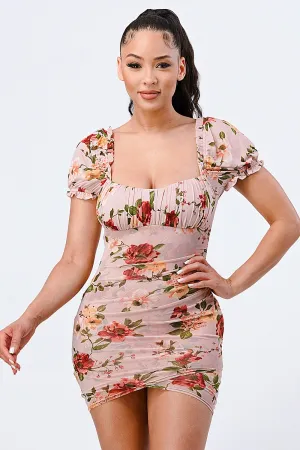 FLORAL SHIRRING BUBBLE SLV RUFFLED MINI DRESS