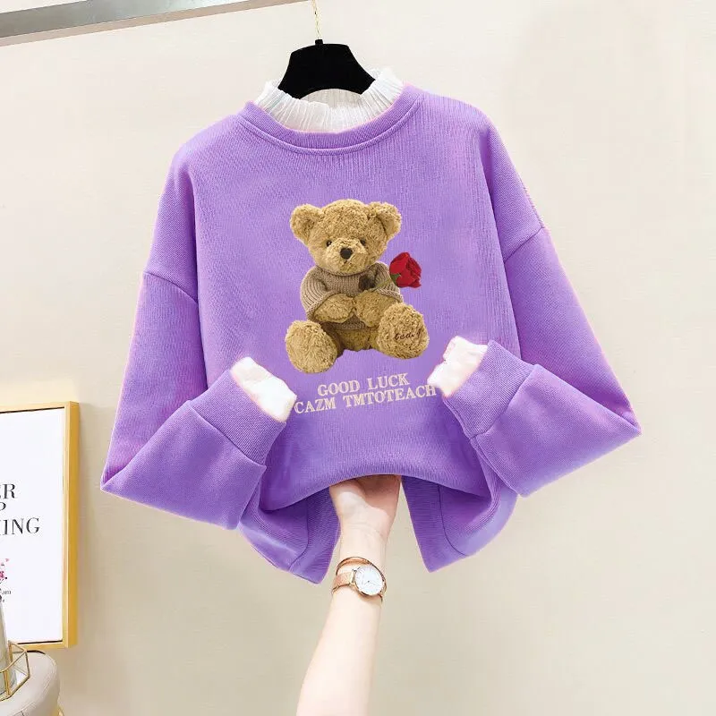 Girls Bear Cartoon Design Long Sleeve Cute Pullover For Kids