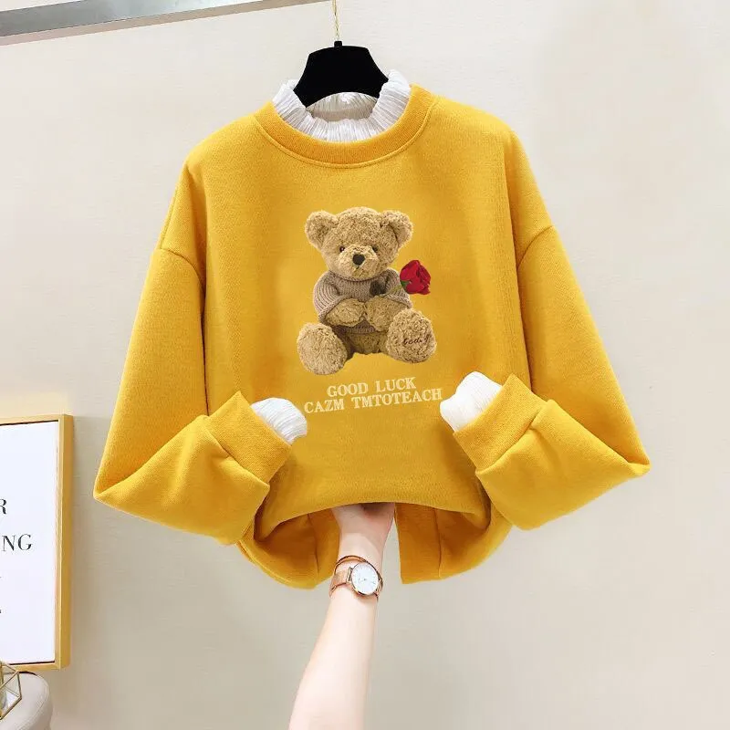 Girls Bear Cartoon Design Long Sleeve Cute Pullover For Kids