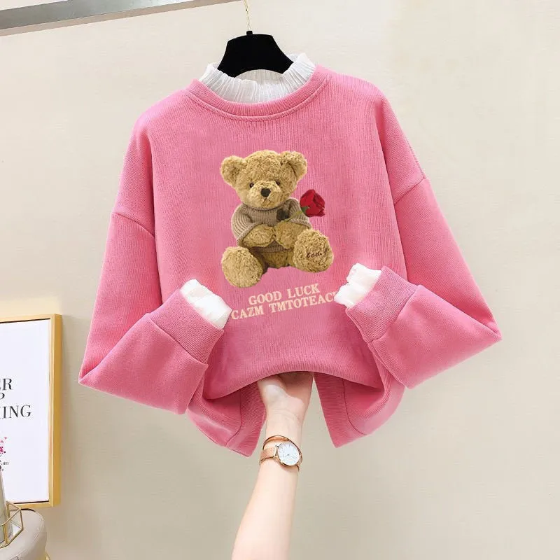 Girls Bear Cartoon Design Long Sleeve Cute Pullover For Kids