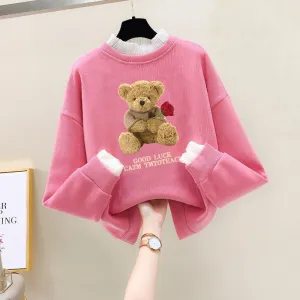 Girls Bear Cartoon Design Long Sleeve Cute Pullover For Kids