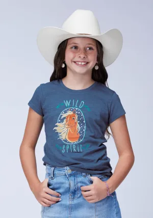 GIRLS SHORT SLEEVE COTTON SLUB JERSEY CREW NECK WESTERN T SHIRT WITH SCREENPRINT EMBROIDERY EMBELLISHMENT