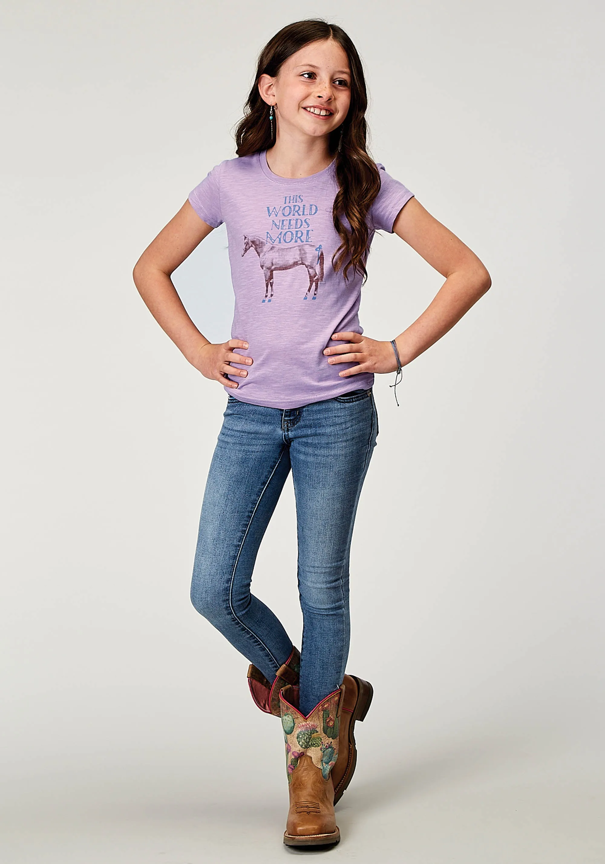 GIRLS SHORT SLEEVE LILAC COTTON SLUB JERSEY WESTERN T SHIRT WITH SCREEN PRINT DECORATION