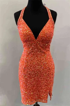 Halter Orange Sequins Bodycon Homecoming Dress with Tassel