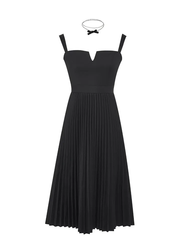 Hepburn style little black dress dress high waist and thin pleated suspender dress - Siabata