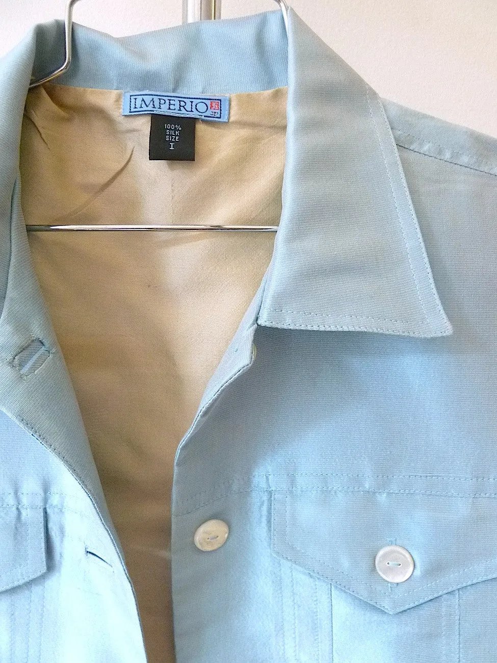 Jean Jacket Thai Silk And Mother Of Pearl Baby Blue Champagne