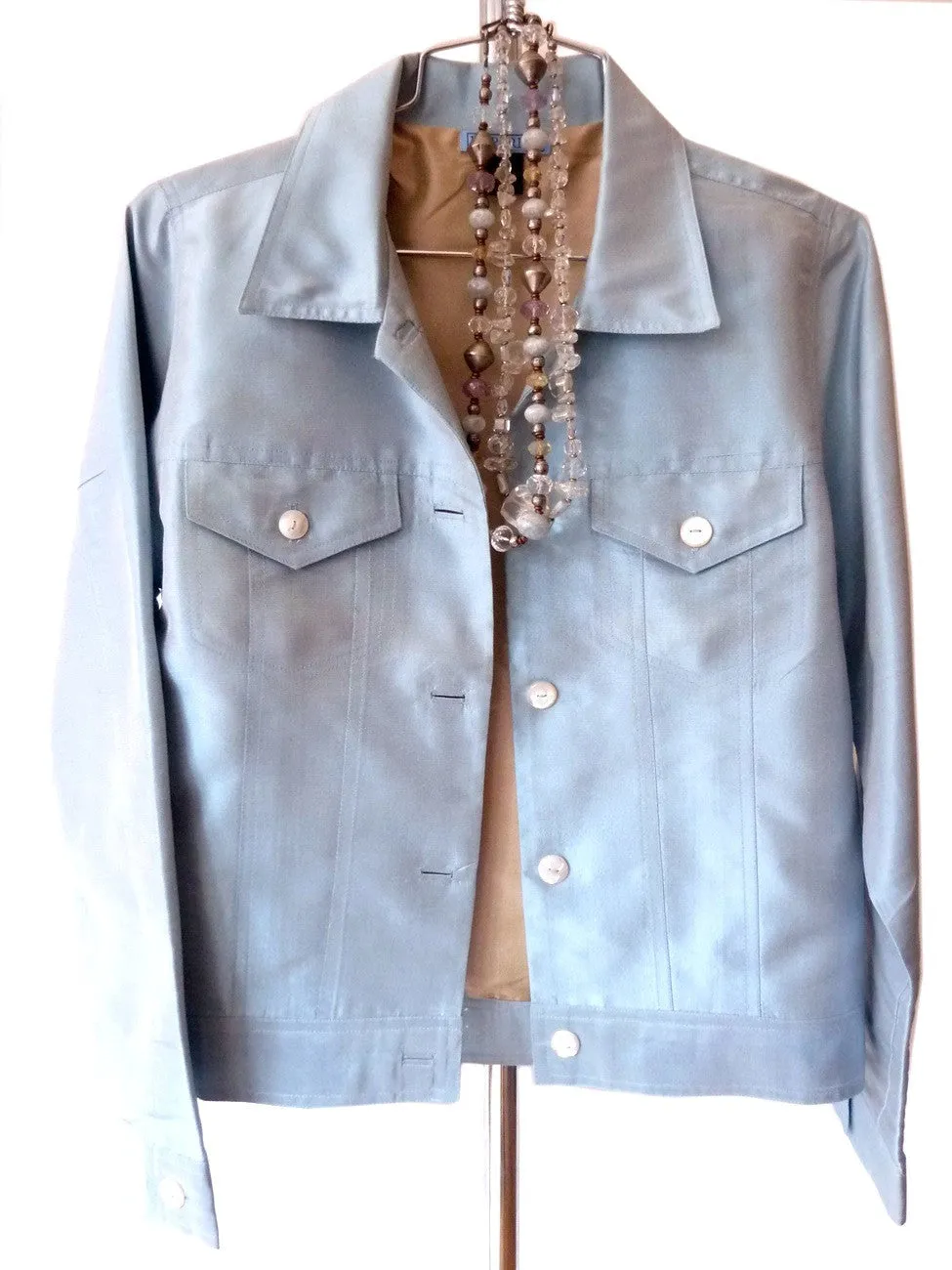 Jean Jacket Thai Silk And Mother Of Pearl Baby Blue Champagne