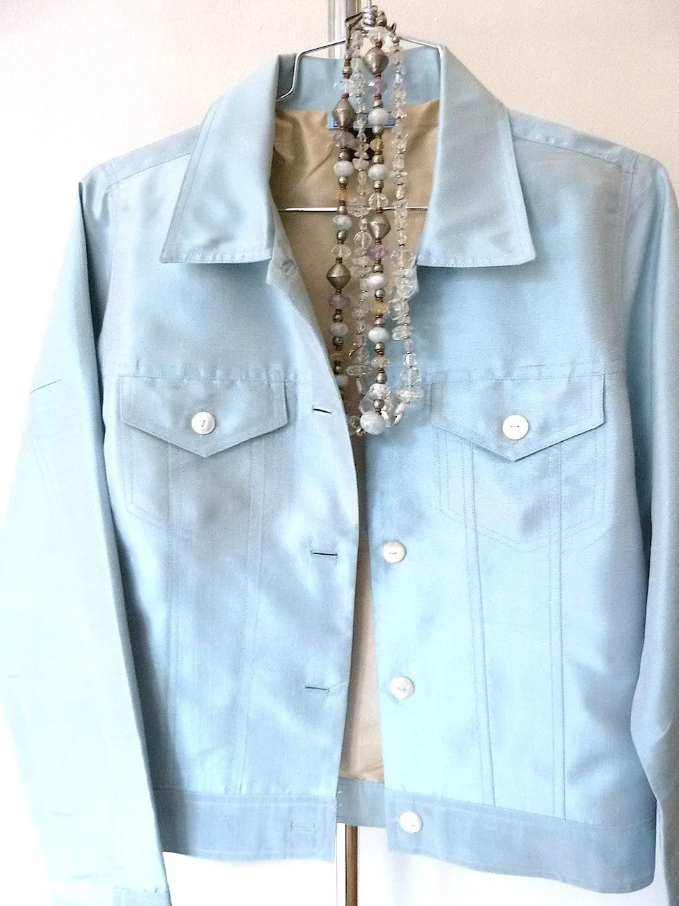 Jean Jacket Thai Silk And Mother Of Pearl Baby Blue Champagne