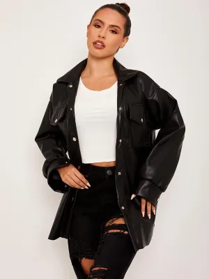 Keira Faux leather PU Shacket In Black