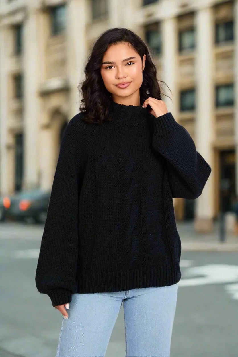 Loose Cable Pullover With Balloon Sleeves And Mock Neck