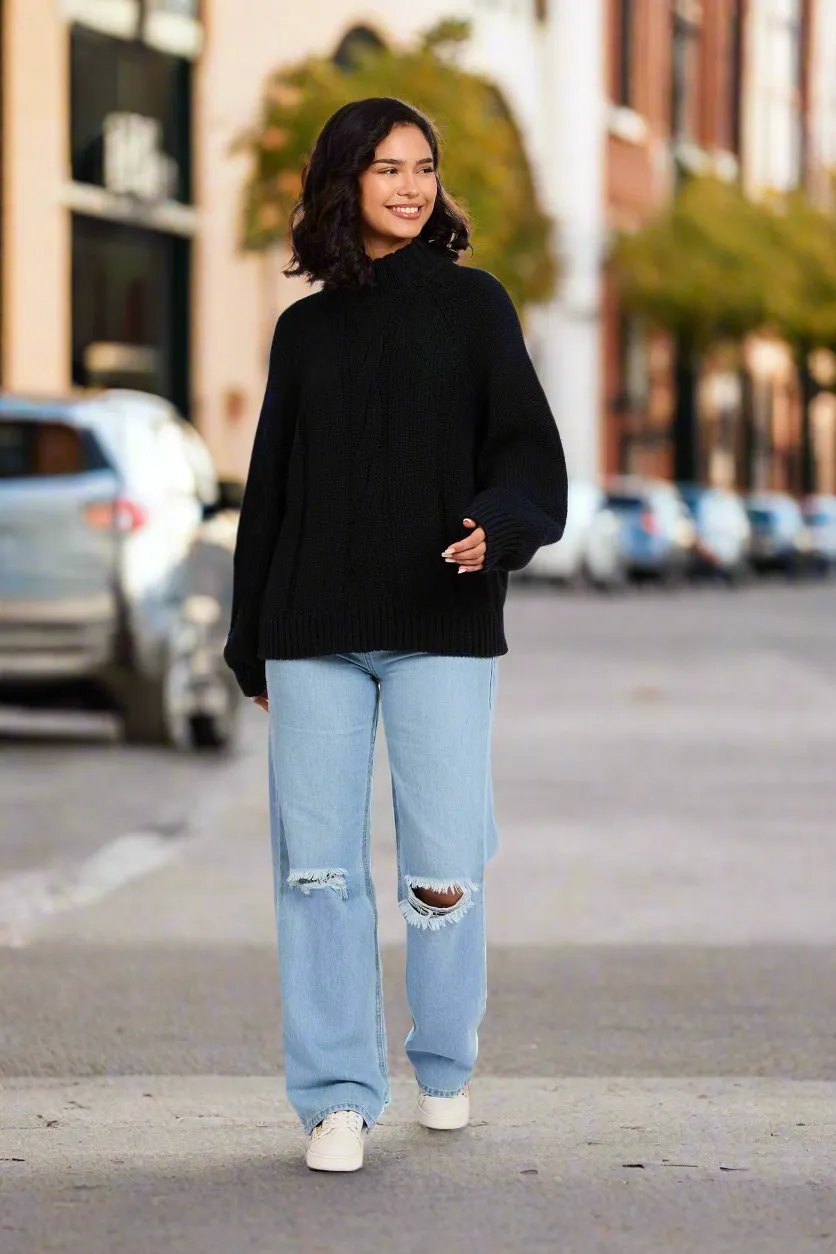 Loose Cable Pullover With Balloon Sleeves And Mock Neck