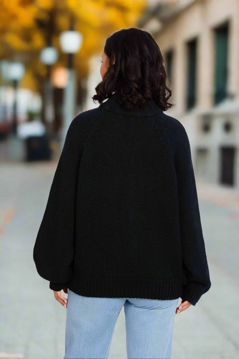 Loose Cable Pullover With Balloon Sleeves And Mock Neck