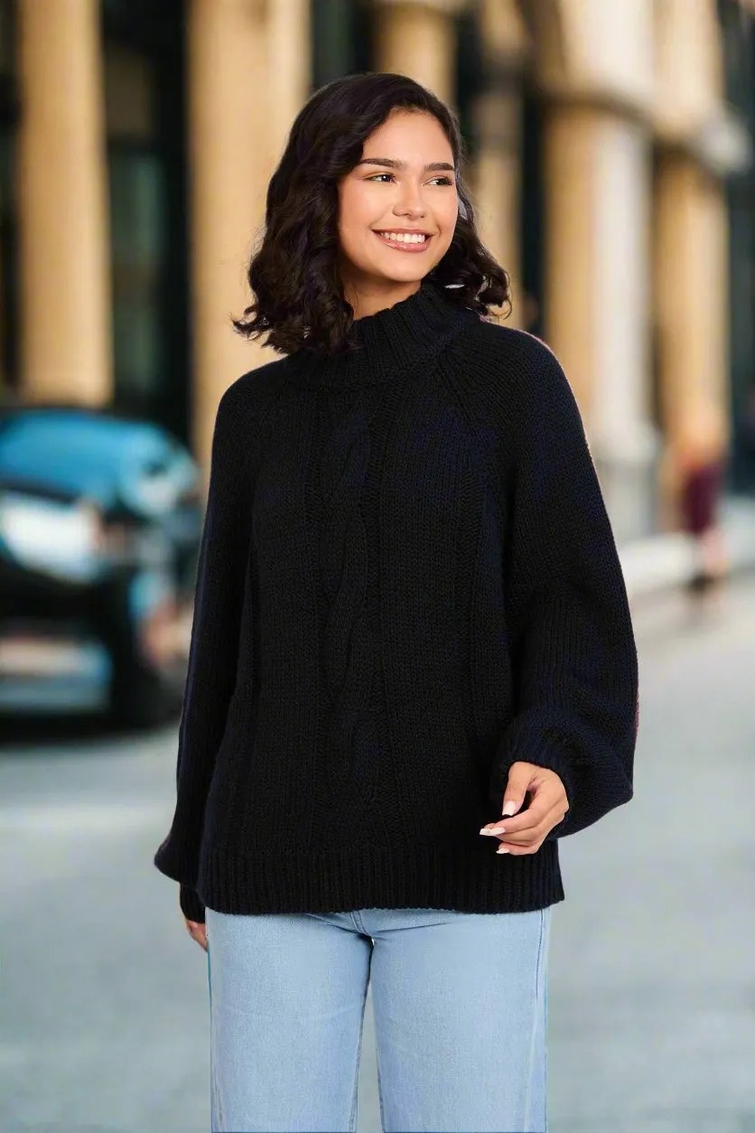 Loose Cable Pullover With Balloon Sleeves And Mock Neck