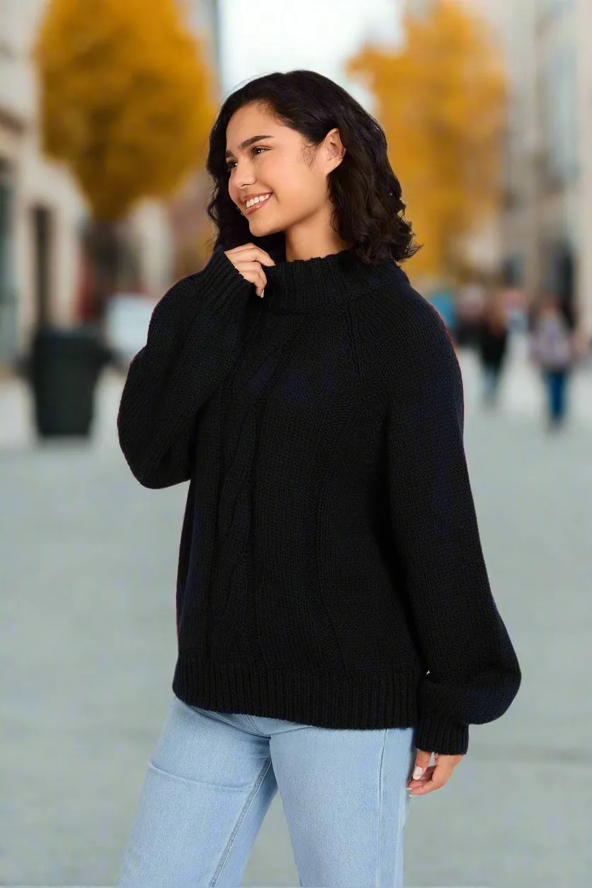 Loose Cable Pullover With Balloon Sleeves And Mock Neck