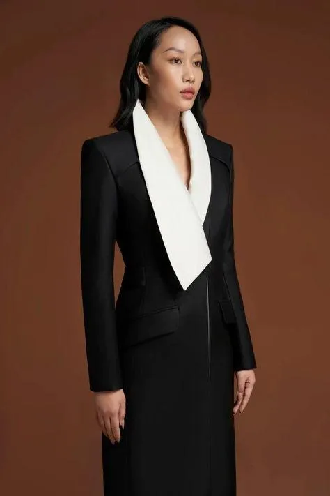 Luxury black and white lapel trench coat- Bibi