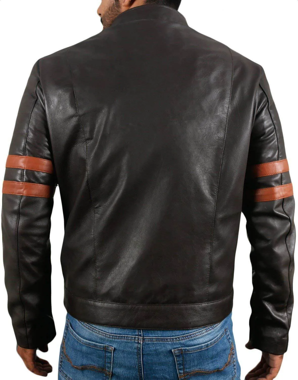 Men Genuine Lambskin Black Leather Brown Stripped Jacket Slim fit Biker Motorcycle Design jacket