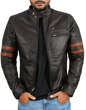 Men Genuine Lambskin Black Leather Brown Stripped Jacket Slim fit Biker Motorcycle Design jacket