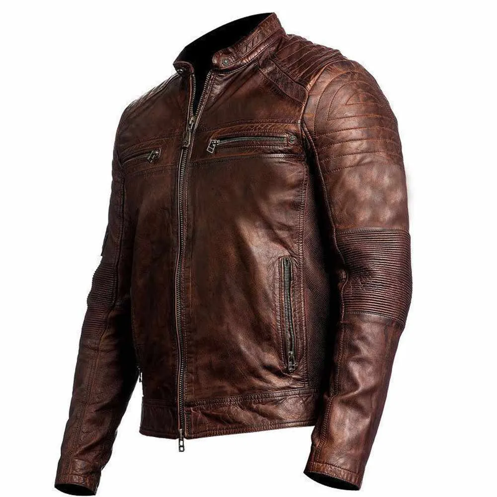 Men Slim Fit Vintage Motorcycle Waxed Leather Jacket