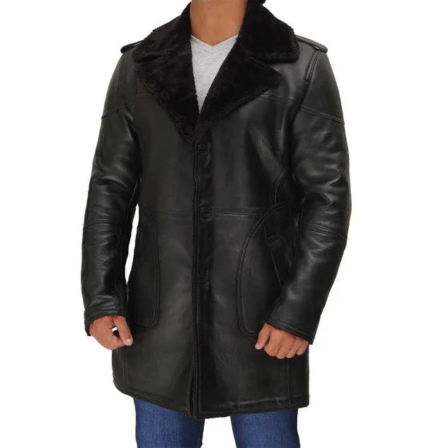 Mens Classic Shearling Long Coat in Black